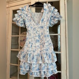 Boutique ruffled & smocked mini dress blue & white floral